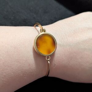 Gold Tone Amber Brown Disc Hinged Cuff Bangle Statement Bracelet
